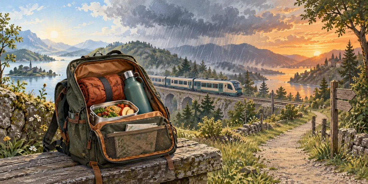 Ilustracja plecaka z wyposażeniem na jednodniową podróż pociągiem przy zmiennej pogodzie.